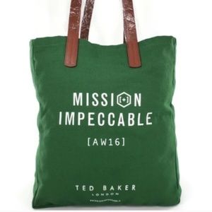 Ted Baker London Mission Impeccable Green Canvas & Brown Leather Straps Tote Bag